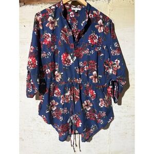 NEW GLORY Womens Navy Floral Print Tunic Top Roll Tab Sleeve Drawstring Waist 2X